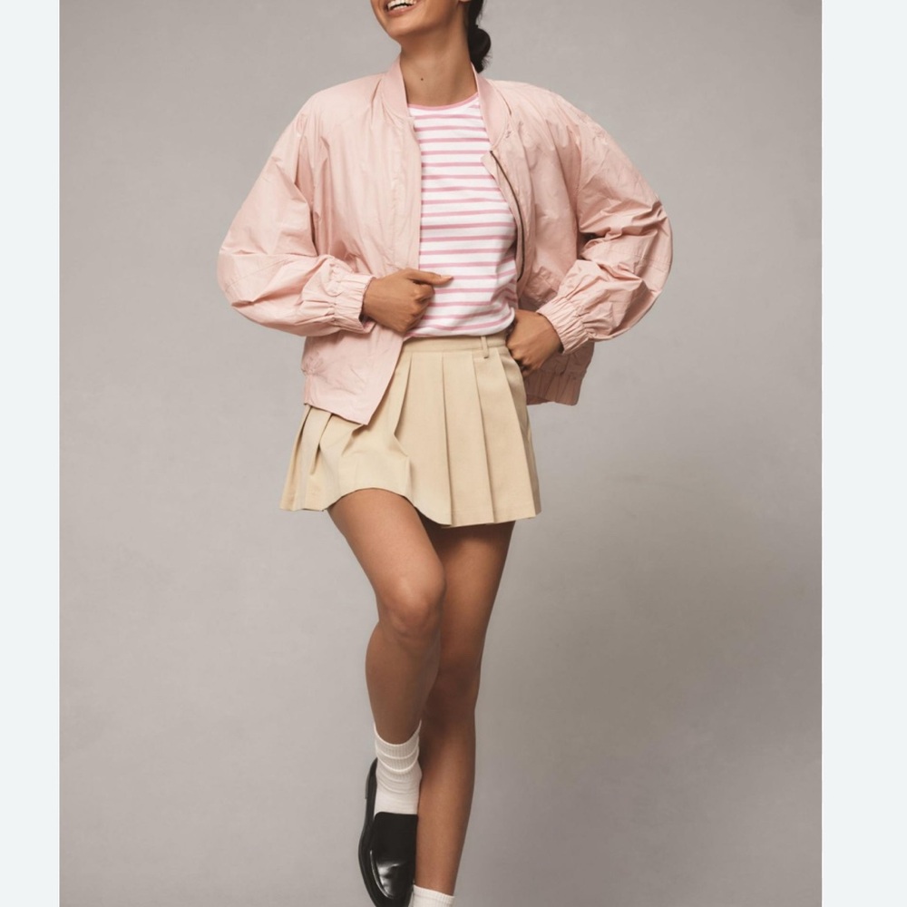NWT Maeve Balloon-Sleeve Bomber Jacket, Pink, Small